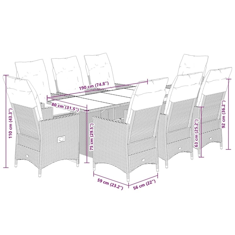 Afuera Living 9 Piece Rattan Garden Dining Set in Black/Cream White