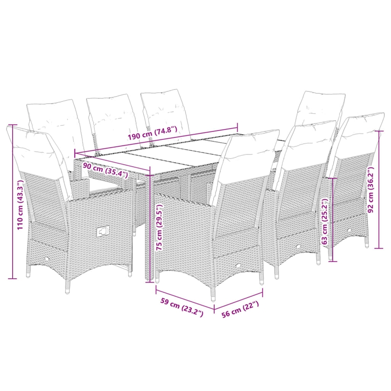 Afuera Living 9 Piece Powder-Coated Steel Garden Dining Set in Gray