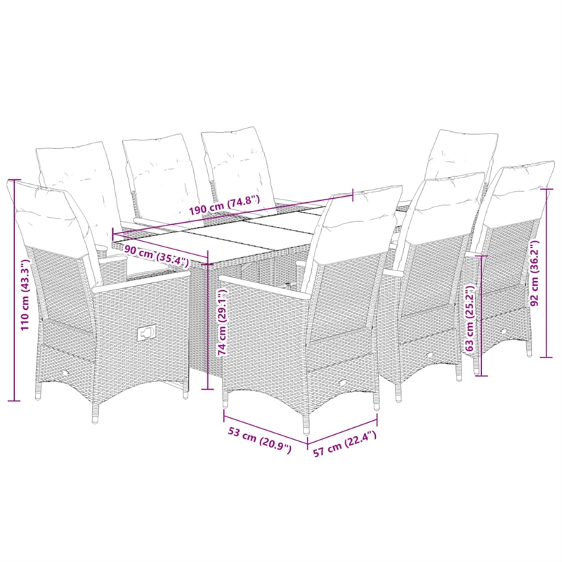 Afuera Living Contemporary 9 Piece Rattan Garden Dining Set in Gray
