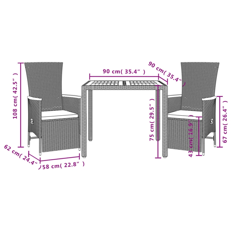 Afuera Living 3 Pc Poly Rattan Garden Dining Set with Cushions in Black & Brown