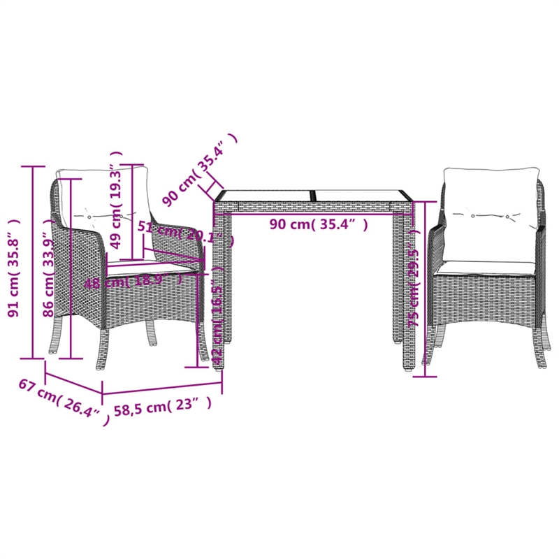 Afuera Living 3 Piece Poly Rattan Garden Dining Set in Black/Cream White