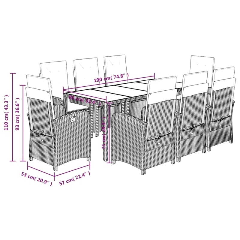 Afuera Living Contemporary 9 Piece Rattan Garden Dining Set in Gray