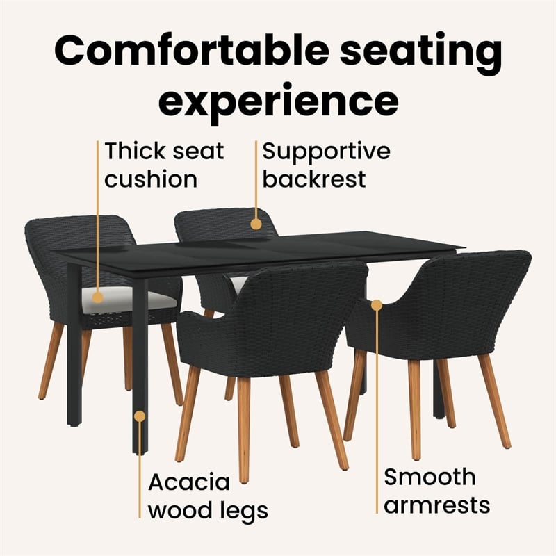 Afuera Living 5 Piece Poly Rattan Garden Dining Set with Cushions in Black