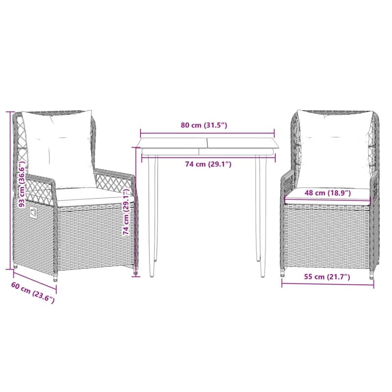 Afuera Living 3 Piece Rattan Patio Dining Set in Black/Cream White