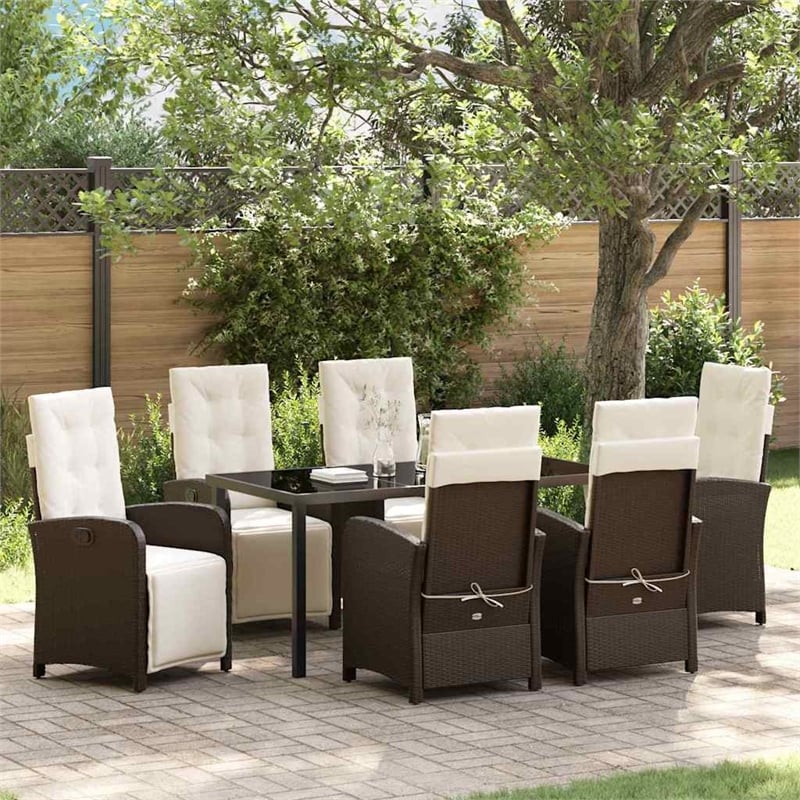 Afuera Living 7 Piece Poly Rattan Garden Dining Set with Cushions in Brown