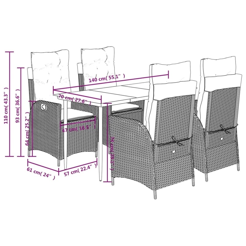 Afuera Living 5 Piece Poly Rattan Garden Dining Set in Black/Cream White