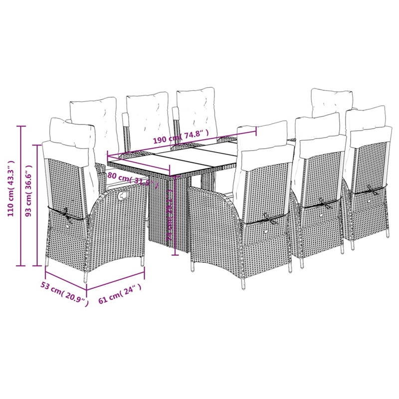 Afuera Living Contemporary 9 Piece Poly Rattan Garden Dining Set in Gray
