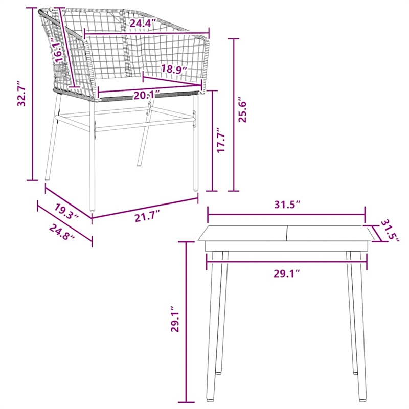 Afuera Living 3 Piece Poly Rattan Garden Dining Set in Black/Dark Gray