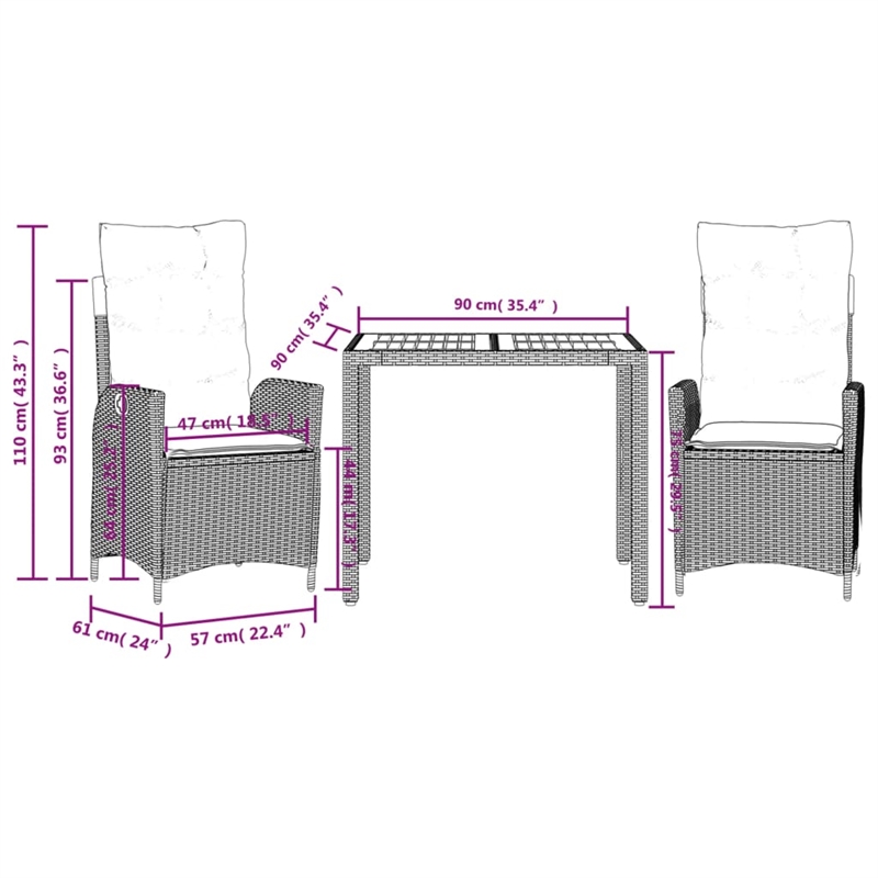Afuera Living 3 Piece Poly Rattan Garden Dining Set in Black/Cream White