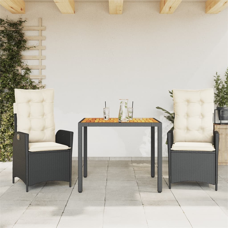 Afuera Living 3 Piece Poly Rattan Garden Dining Set in Black/Cream White