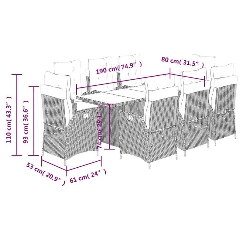 Afuera Living Contemporary 9 Piece Poly Rattan Garden Dining Set in Gray