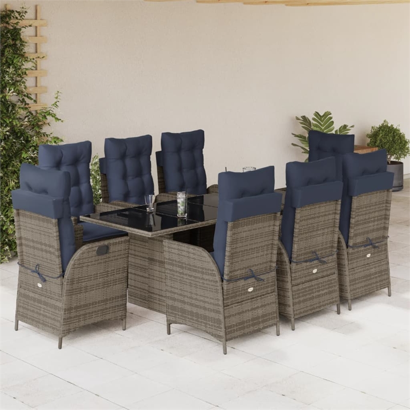 Afuera Living Contemporary 9 Piece Poly Rattan Garden Dining Set in Gray