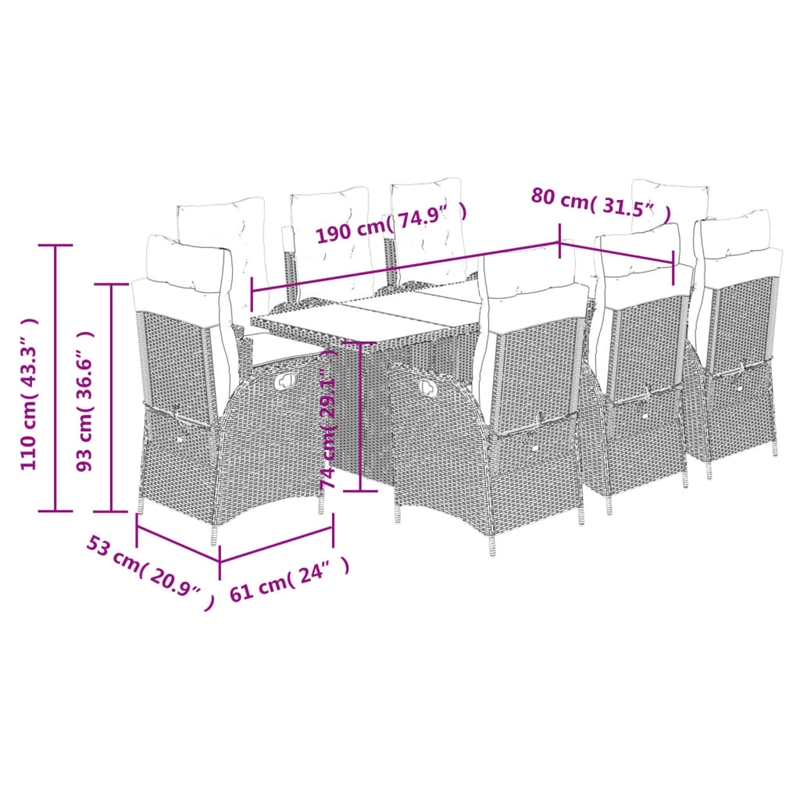 Afuera Living Contemporary 9 Piece Poly Rattan Garden Dining Set in Gray