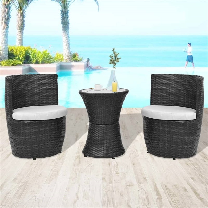Afuera Living Contemporary Synthetic Poly Rattan 3 Piece Sofa in Black/Cream