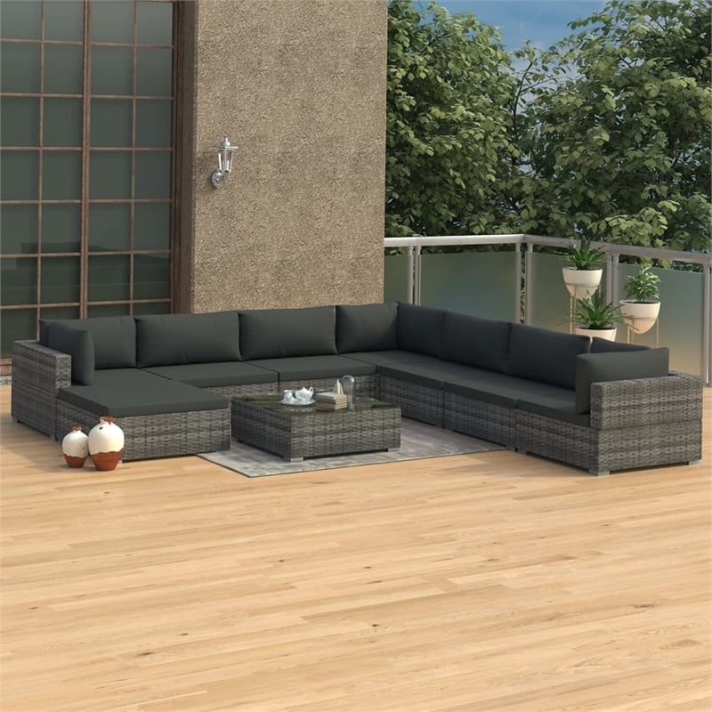 Afuera Living Contemporary Synthetic Poly Rattan 9 Piece  Lounge Set in Gray