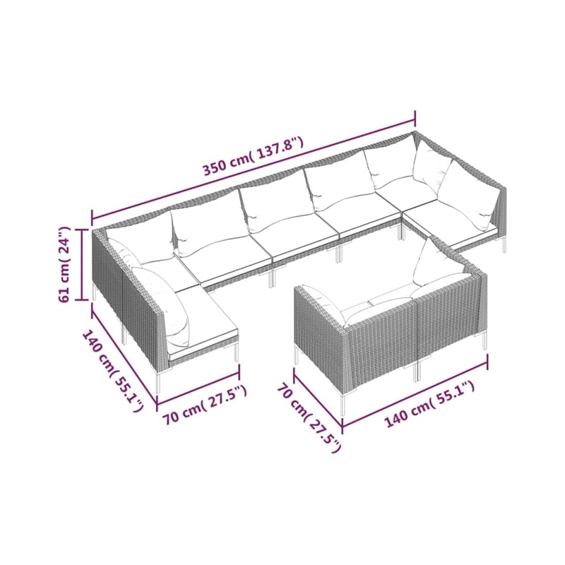 Afuera Living Contemporary 9 Piece Poly Rattan Garden Lounge Set in Gray