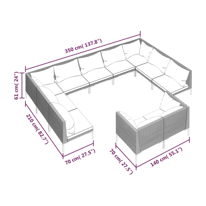 Afuera Living 11 Piece Poly Rattan Garden Lounge Set in Gray
