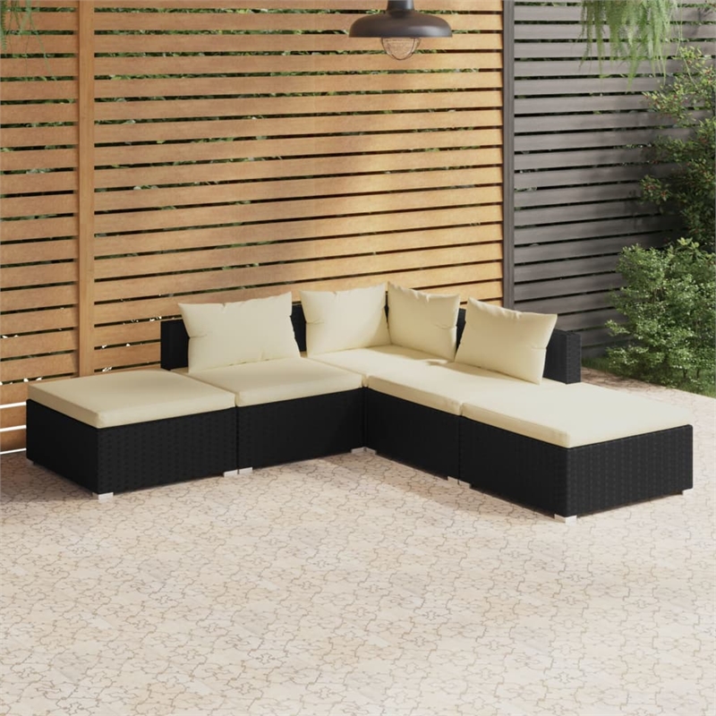 Afuera Living 5 Piece Poly Rattan Small Garden Lounge Set in Black/Cream