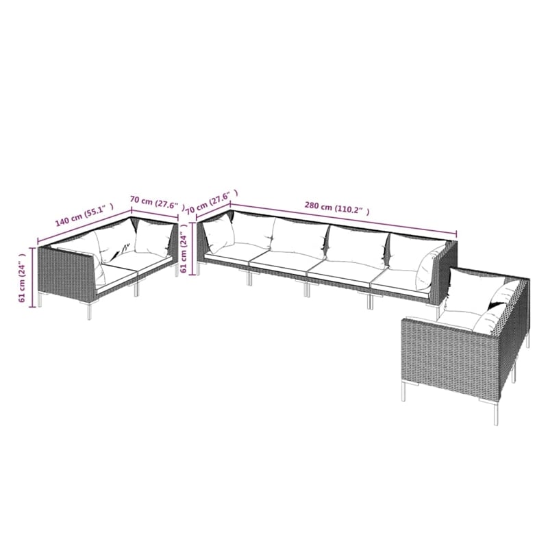 Afuera Living Contemporary 8 Piece Poly Rattan Garden Lounge Set in Gray