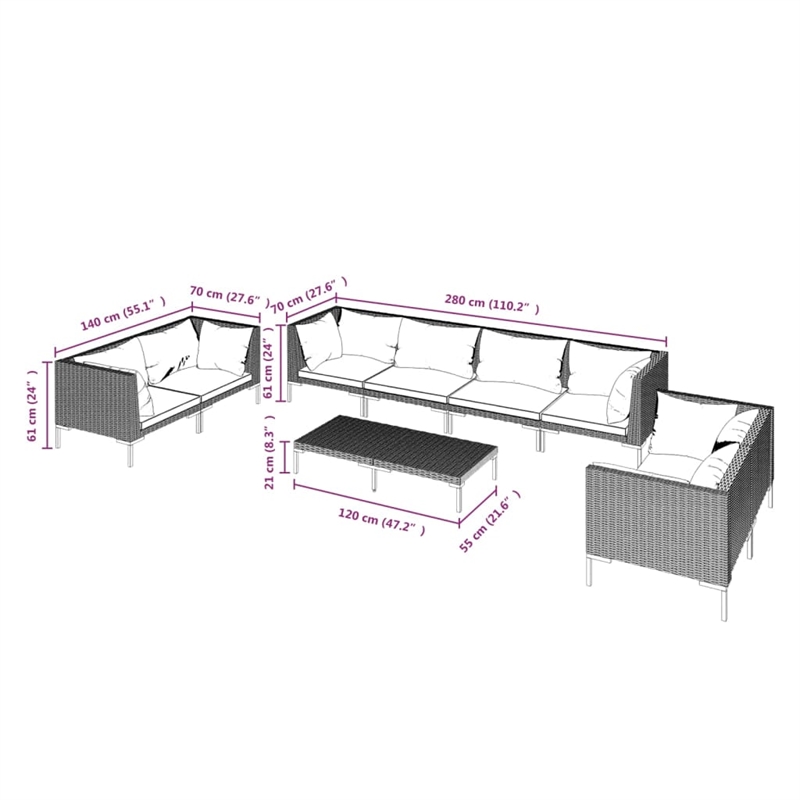 Afuera Living 9 Piece Poly Rattan Garden Lounge Set in Black/Gray