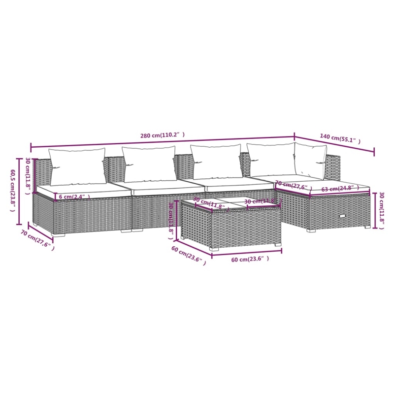 Afuera Living 6 Piece Poly Rattan Garden Lounge Set in Gray/Anthracite