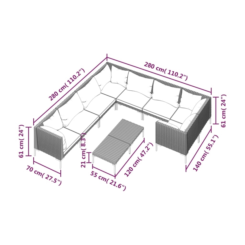 Afuera Living 9 Piece Poly Rattan Garden Lounge Set in Black/Gray