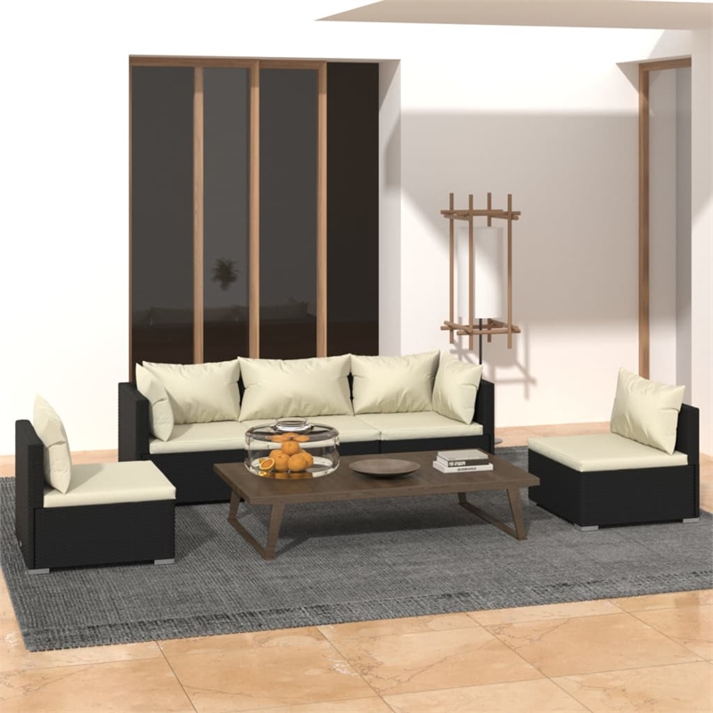Afuera Living 5 Piece Poly Rattan Garden Lounge Set in Black/Cream