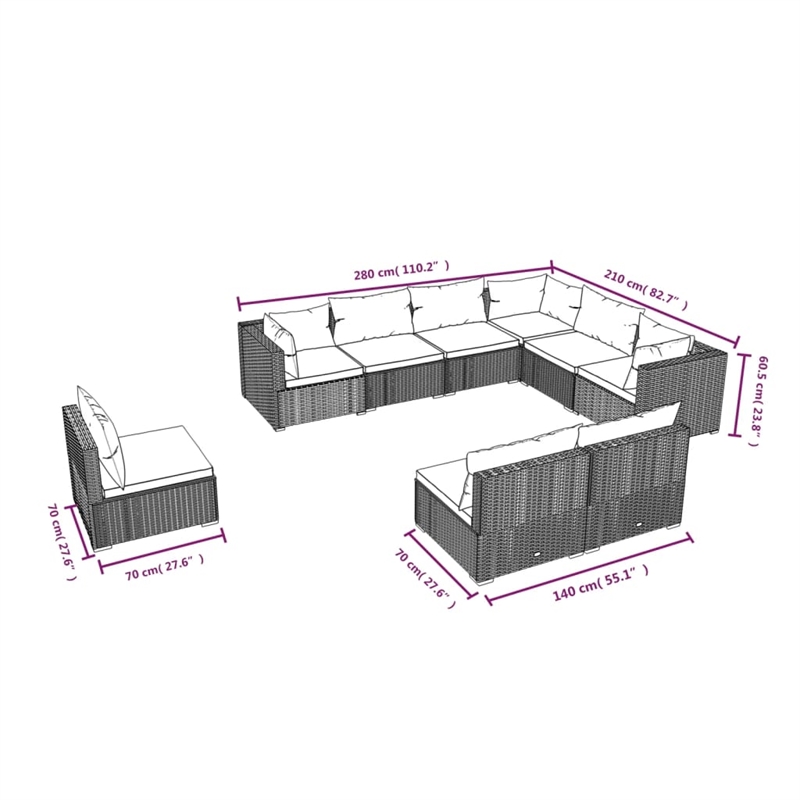 Afuera Living Contemporary 9 Piece Poly Rattan Garden Lounge Set in Gray