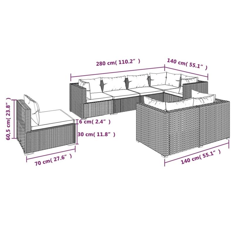 Afuera Living 8 Piece Poly Rattan Garden Lounge Set in Black/Cream