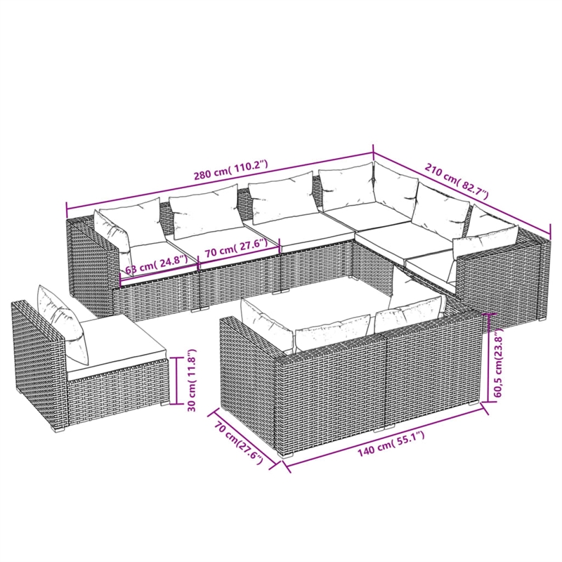 Afuera Living Contemporary 9 Piece Poly Rattan Garden Lounge Set in Gray