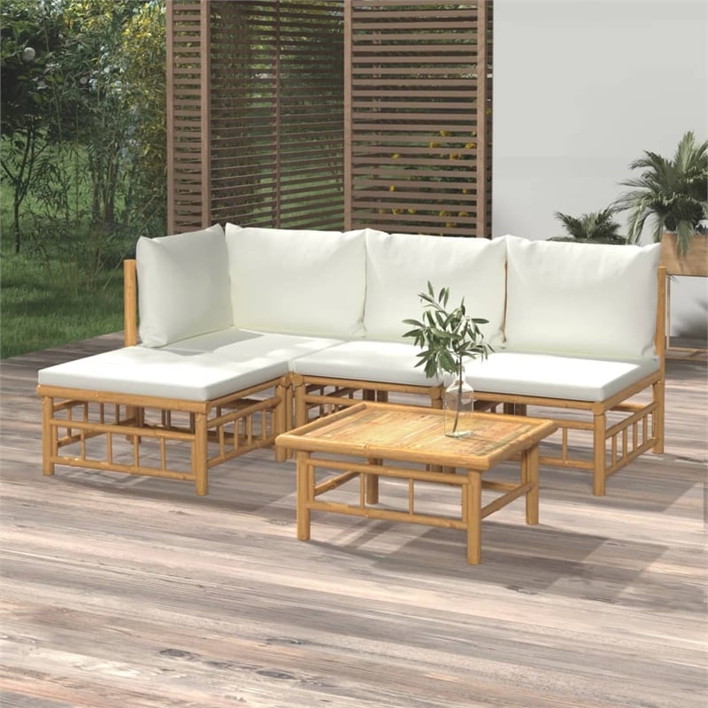 Afuera Living 5 Piece Bamboo Garden Lounge Set in White/Cream/Natural