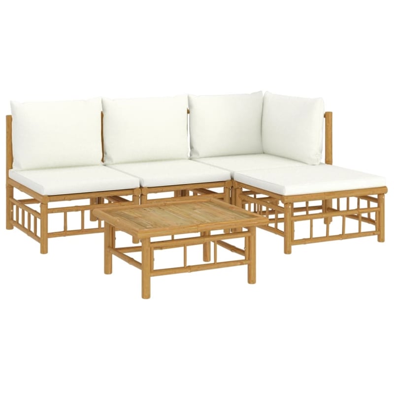 Afuera Living 5 Piece Bamboo Garden Lounge Set in White/Cream/Natural