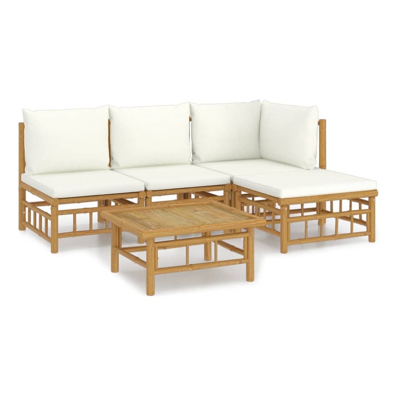 Afuera Living 5 Piece Bamboo Garden Lounge Set in White/Cream/Natural