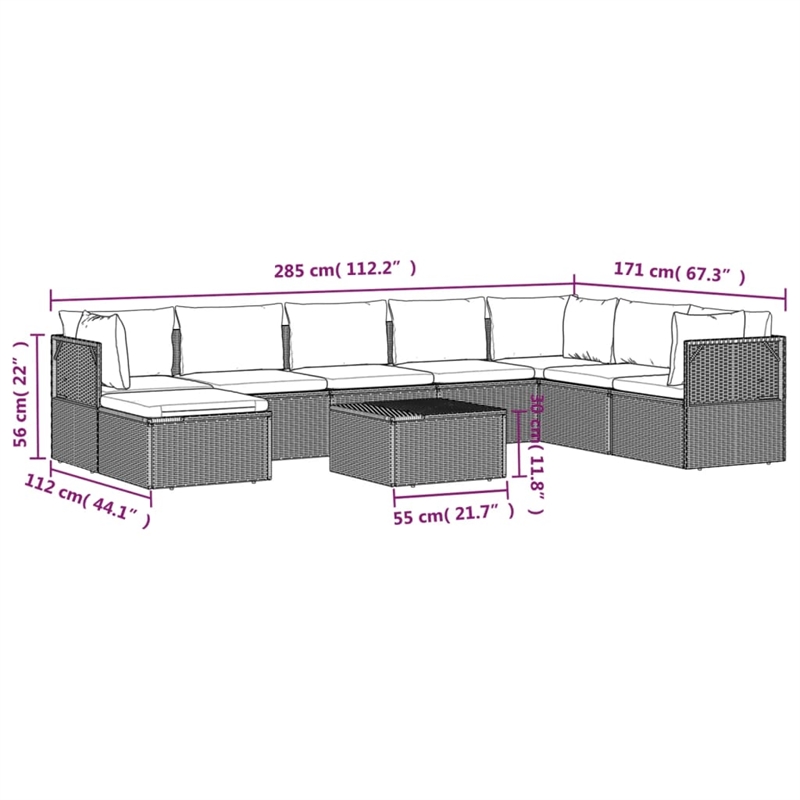 Afuera Living Contemporary 9 Piece Poly Rattan Garden Lounge Set in Gray