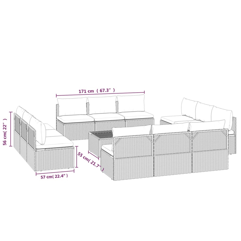 Afuera Living Contemporary 9 Piece Poly Rattan Garden Lounge Set in Gray