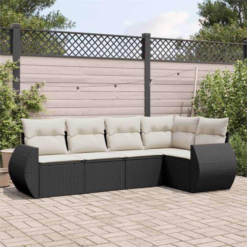 Afuera Living Contemporary Synthetic Poly Rattan 5 Piece Sofa Set in Black/Cream