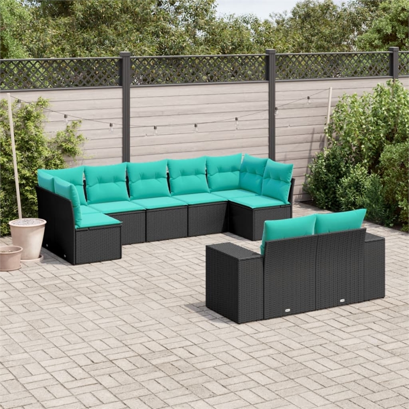 Afuera Living 9 Piece Poly Rattan Patio Sofa Set in Black/Blue