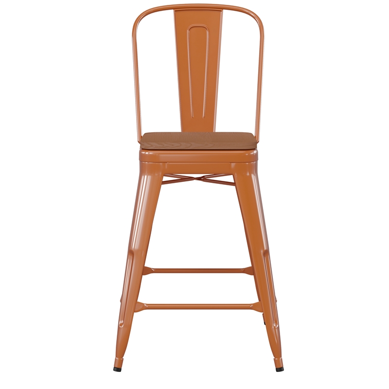 Afuera Living Counter Stool with Removable Back/Poly Seat-Orange/Teak
