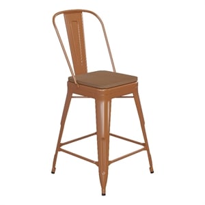 Afuera Living Counter Stool with Removable Back/Poly Seat-Orange/Teak