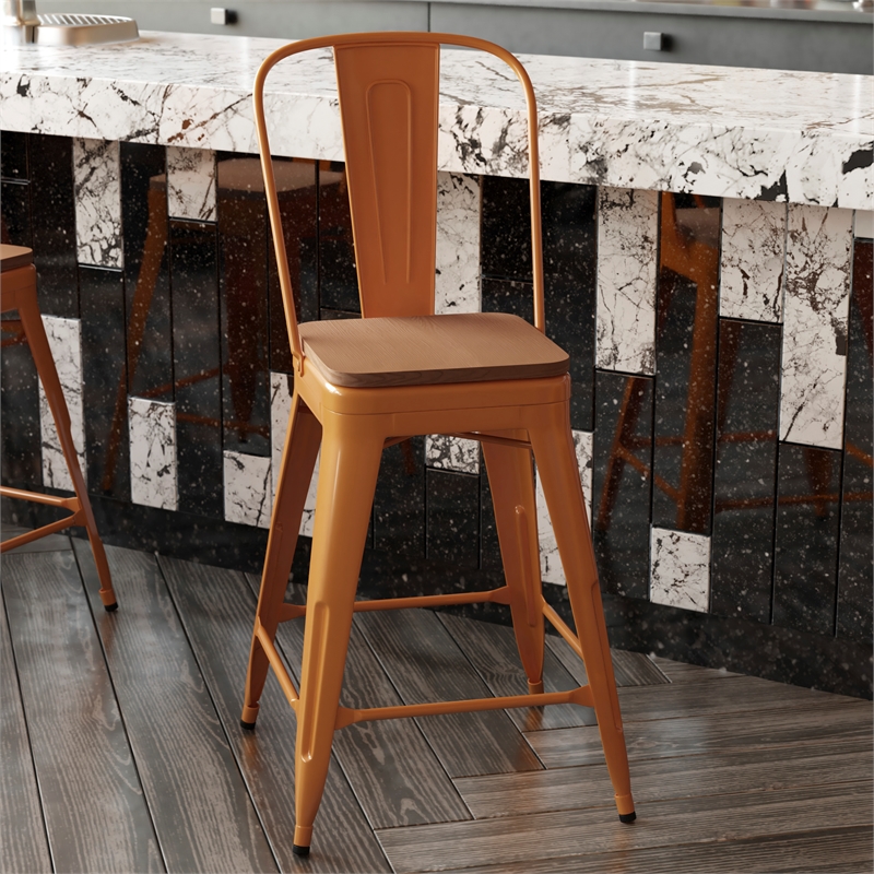 Afuera Living Counter Stool with Removable Back/Poly Seat-Orange/Teak
