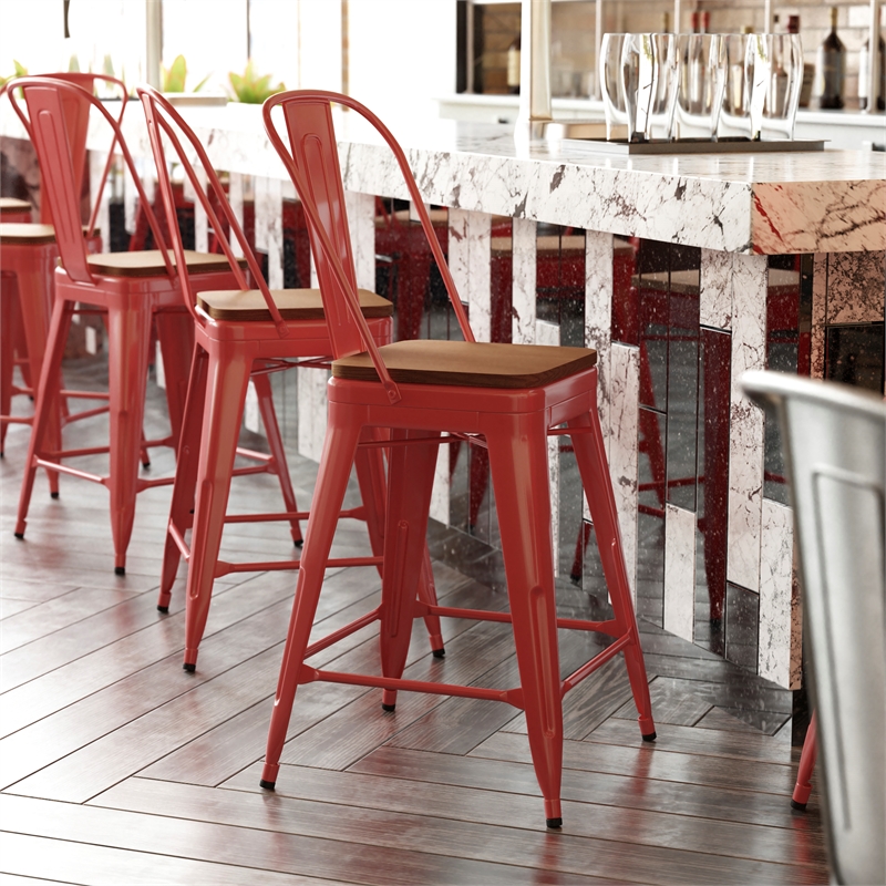 Afuera Living All-Weather Counter Stool with Removable Back/Poly Seat-Red/Teak
