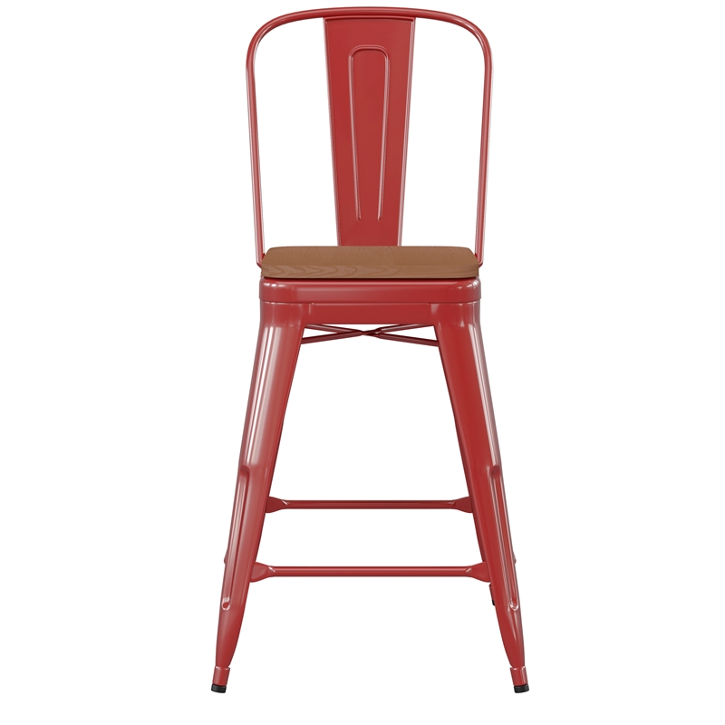 Afuera Living All-Weather Counter Stool with Removable Back/Poly Seat-Red/Teak