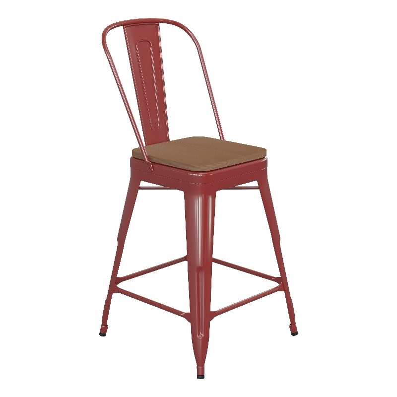 Afuera Living All-Weather Counter Stool with Removable Back/Poly Seat-Red/Teak