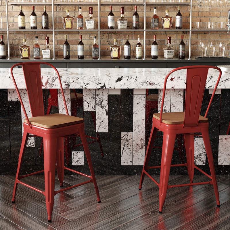 Afuera Living All-Weather Counter Stool with Removable Back/Poly Seat-Red/Teak