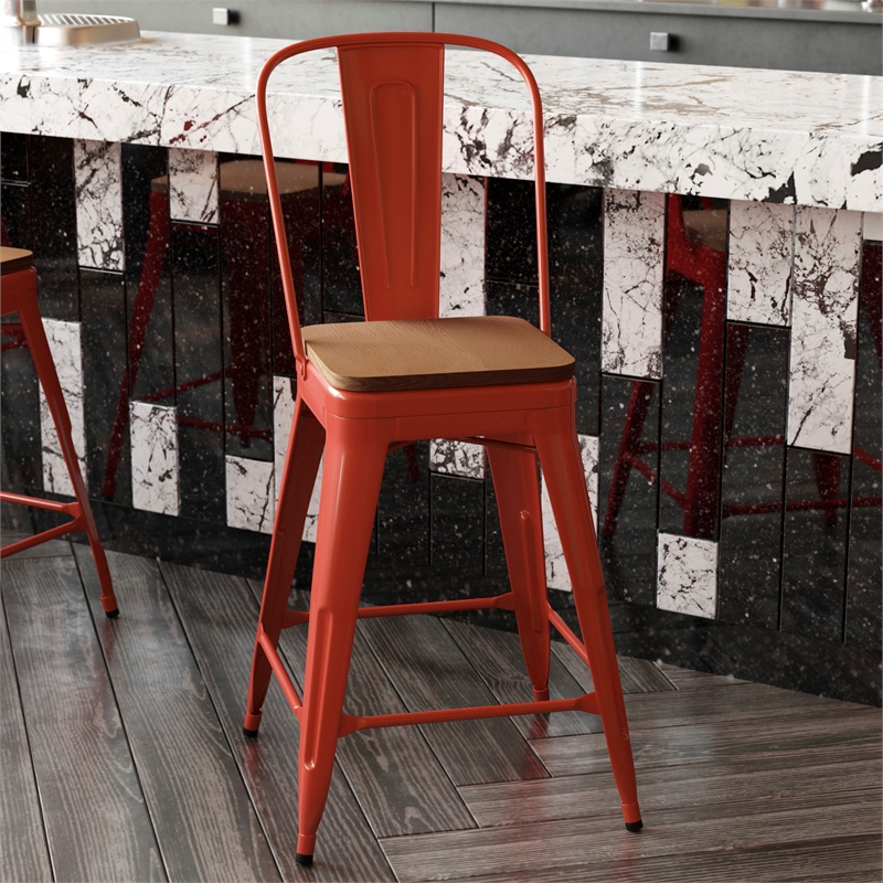 Afuera Living All-Weather Counter Stool with Removable Back/Poly Seat-Red/Teak