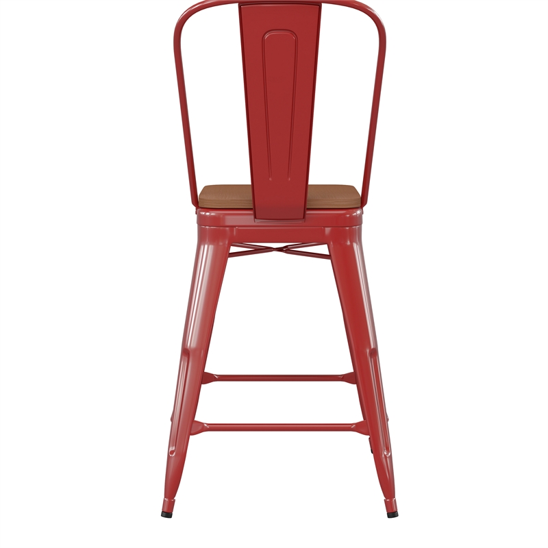 Afuera Living All-Weather Counter Stool with Removable Back/Poly Seat-Red/Teak