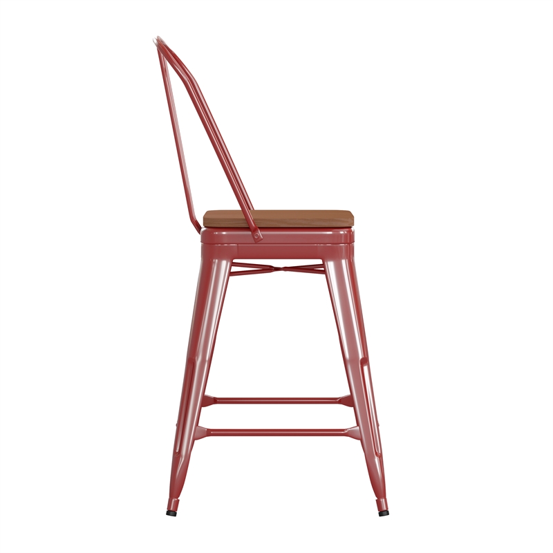Afuera Living All-Weather Counter Stool with Removable Back/Poly Seat-Red/Teak