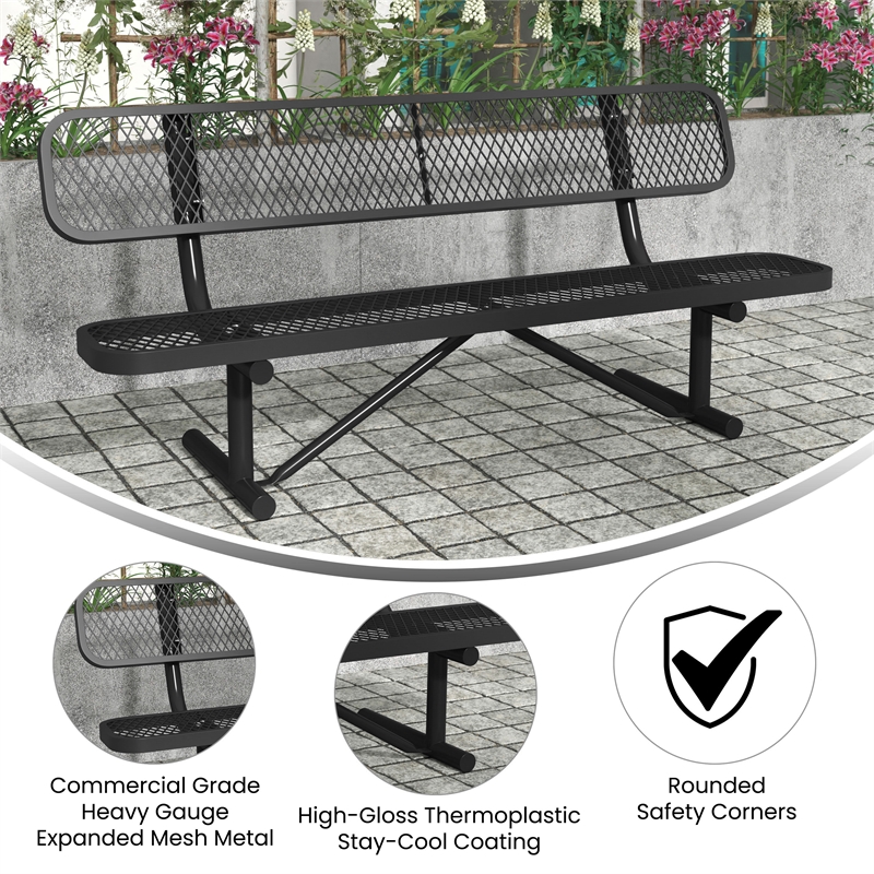 Afuera Living 6' Expanded Mesh Metal Outdoor Bench with Anchors in Black