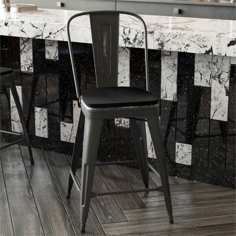 Afuera Living Counter Height Stool with Poly Resin Seat in Black/Black