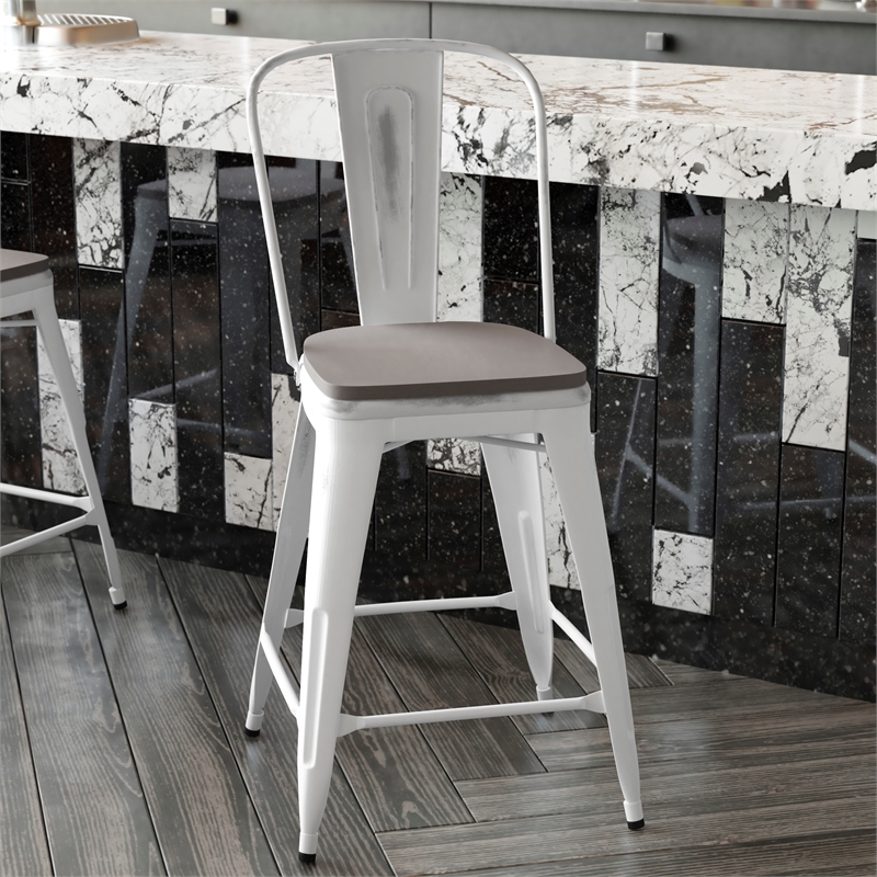 Afuera Living Counter Height Stool with Poly Resin Seat in White/Gray